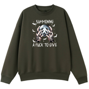 An olive green crewneck sweatshirt with a graphic print on the front showing hands holding a skull, surrounded by bats and the text 'SUMMONING A FUCK TO GIVE'.