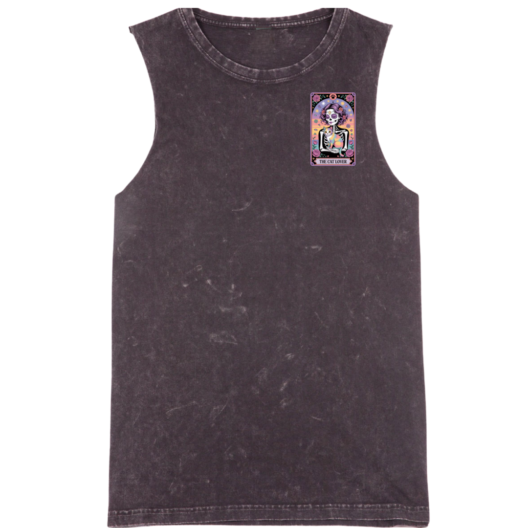 Black sleeveless shirt with a colorful graphic on a white background