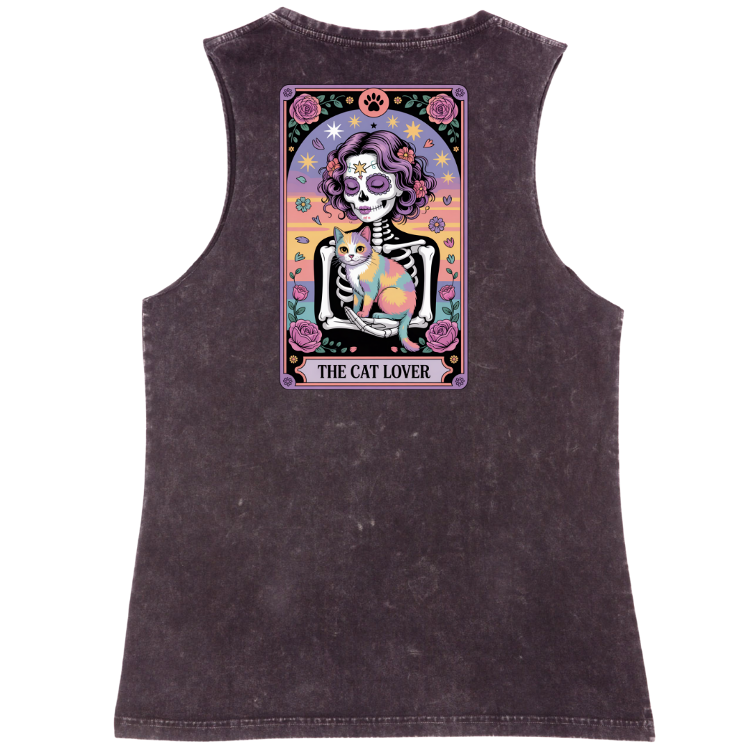 Black tank top with a colorful graphic of a skeleton and cat, labeled 'The Cat Lover', on a white background.