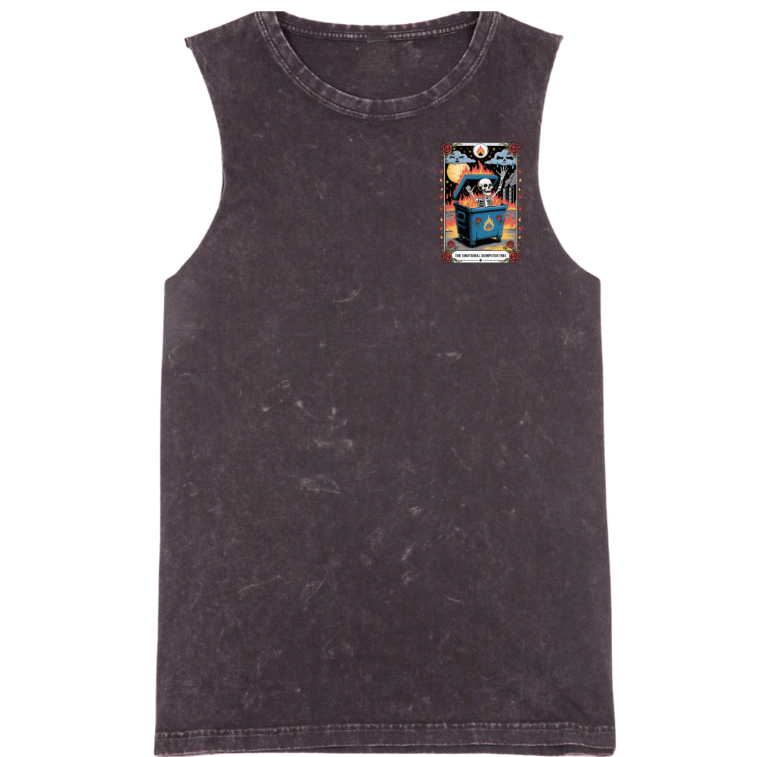 Black sleeveless shirt with a colorful graphic on a white background