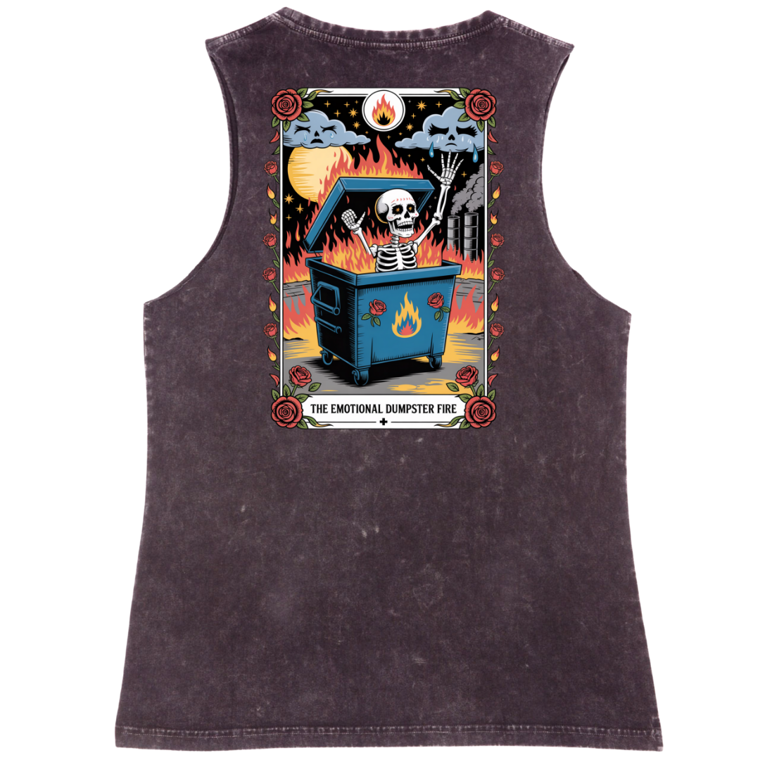 Black sleeveless shirt with a graphic design of a skeleton and text on the back