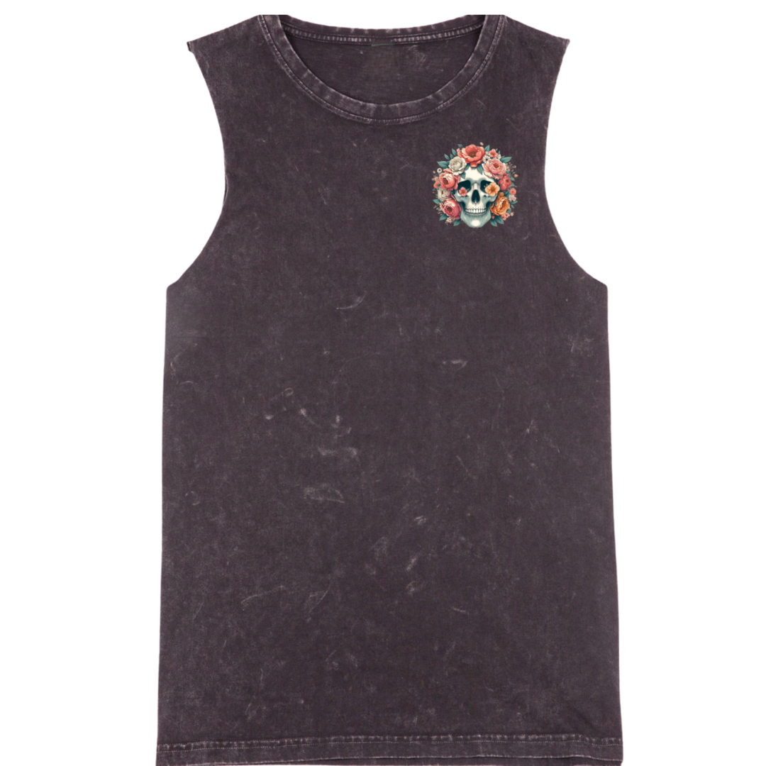 Black sleeveless shirt with a colorful skull and floral design on a white background