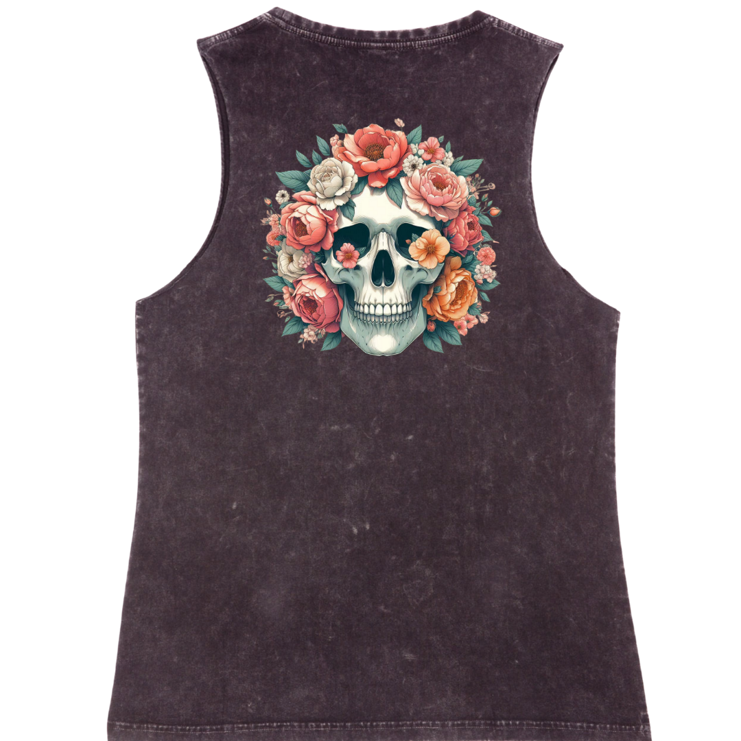 Black tank top with a colorful skull and floral design on a white background