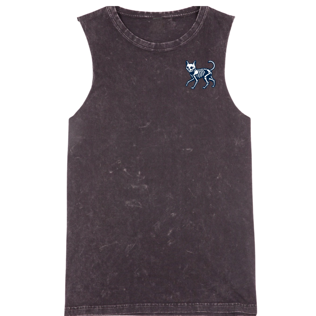 Black sleeveless shirt with a blue cat skeleton design on a white background