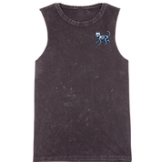 Black sleeveless shirt with a blue cat skeleton design on a white background