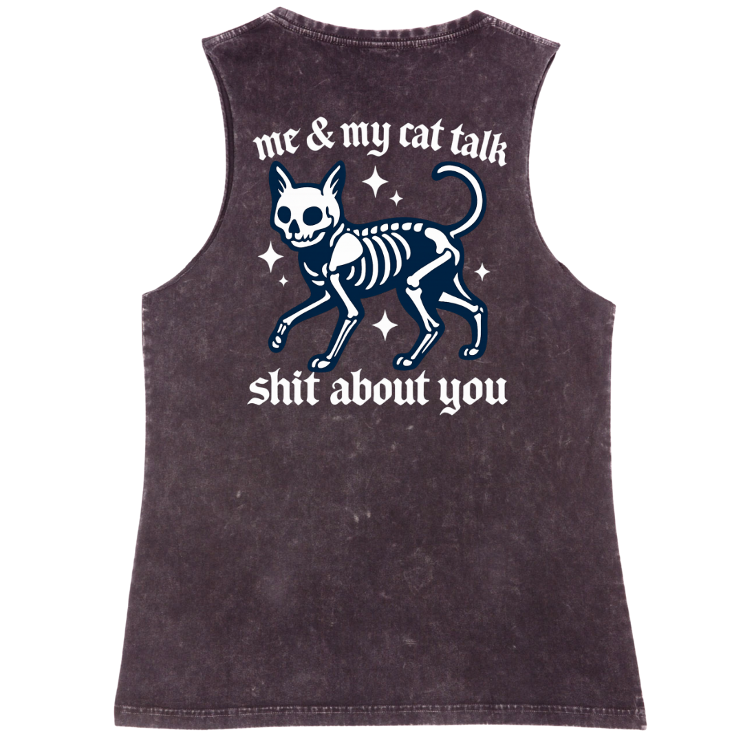 Sleeveless shirt with a graphic of a skeleton cat and text on a white background