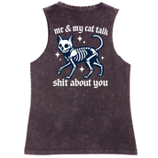 Sleeveless shirt with a graphic of a skeleton cat and text on a white background