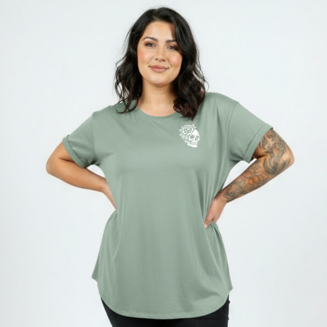 Front view of woman wearing slate green My Tattoos Don't Like You Either oversized tee, relaxed drop shoulder fit, plus size Australian streetwear by Bae Bands