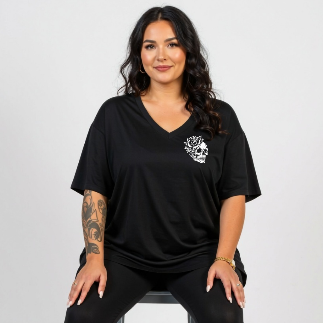 Front view of woman wearing black My Tattoos Don't Like You Either v neck tee, relaxed fit, plus size Australian streetwear by Bae Bands
