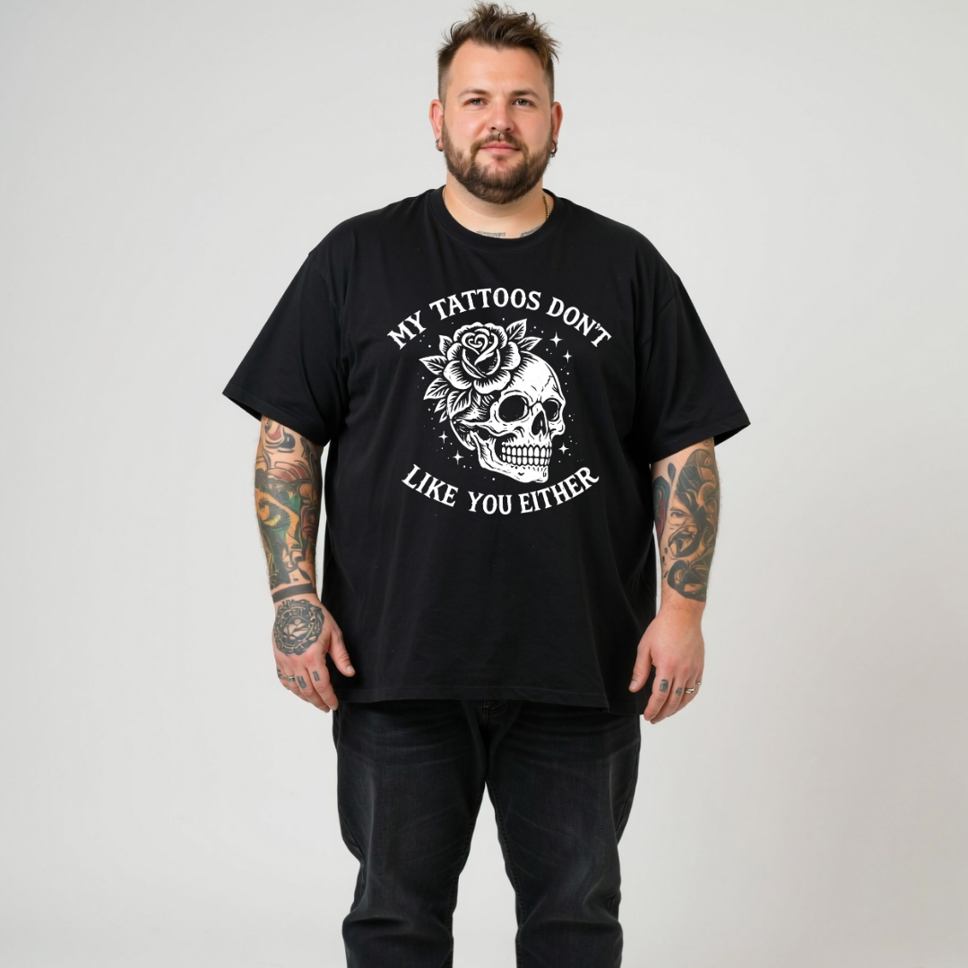 Front view of a man wearing black My Tattoos Don't Like You Either oversized tee, relaxed drop shoulder fit, plus size Australian streetwear by Bae Bands