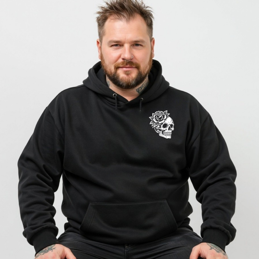 Front view of woman wearing black My Tattoos Don't Like You Either hoodie, relaxed fit, plus size Australian streetwear by Bae Bands
