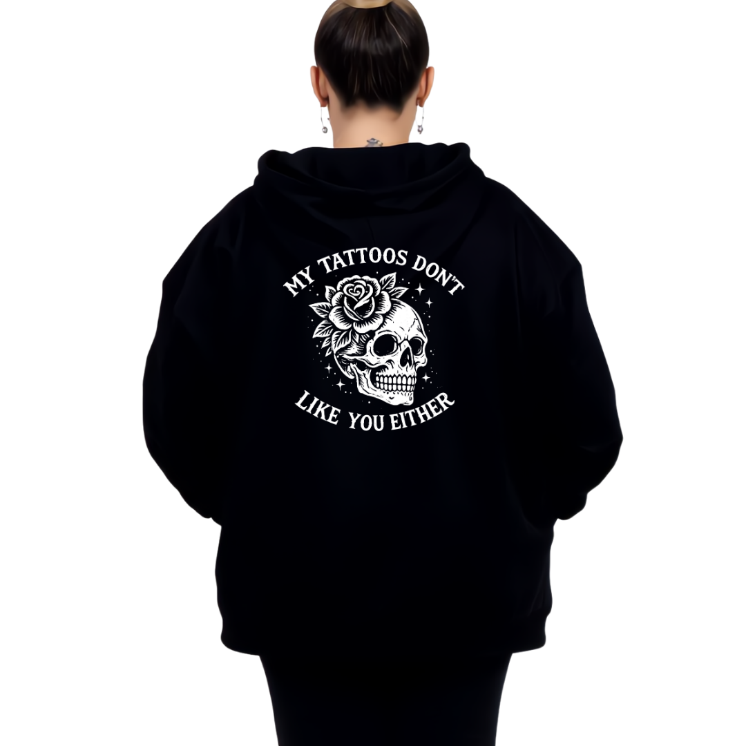 Back view of black My Tattoos Don't Like You Either hoodie showing full skull and rose DTF print with arched text detail, relaxed plus size fit, Bae Bands Australia
