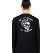 Back view of black My Tattoos Don't Like You Either long sleeve tee showing full skull and rose DTF print with arched text detail, relaxed plus size fit, Bae Bands Australia