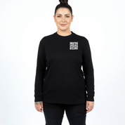 Woman wearing black long sleeve graphic tee with Inhale Good Shit Exhale Bullshit bold stacked white text DTF print, plus size Australian streetwear by Bae Ban
