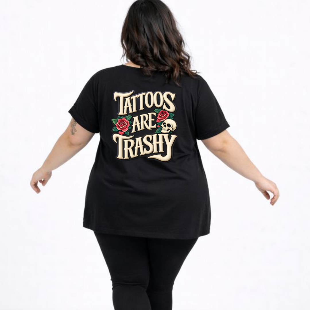 Person wearing a black t-shirt with 'Tattoos Are Trashy' text on the back.