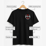 Black t-shirt with a logo on a hanger, featuring text about product details.