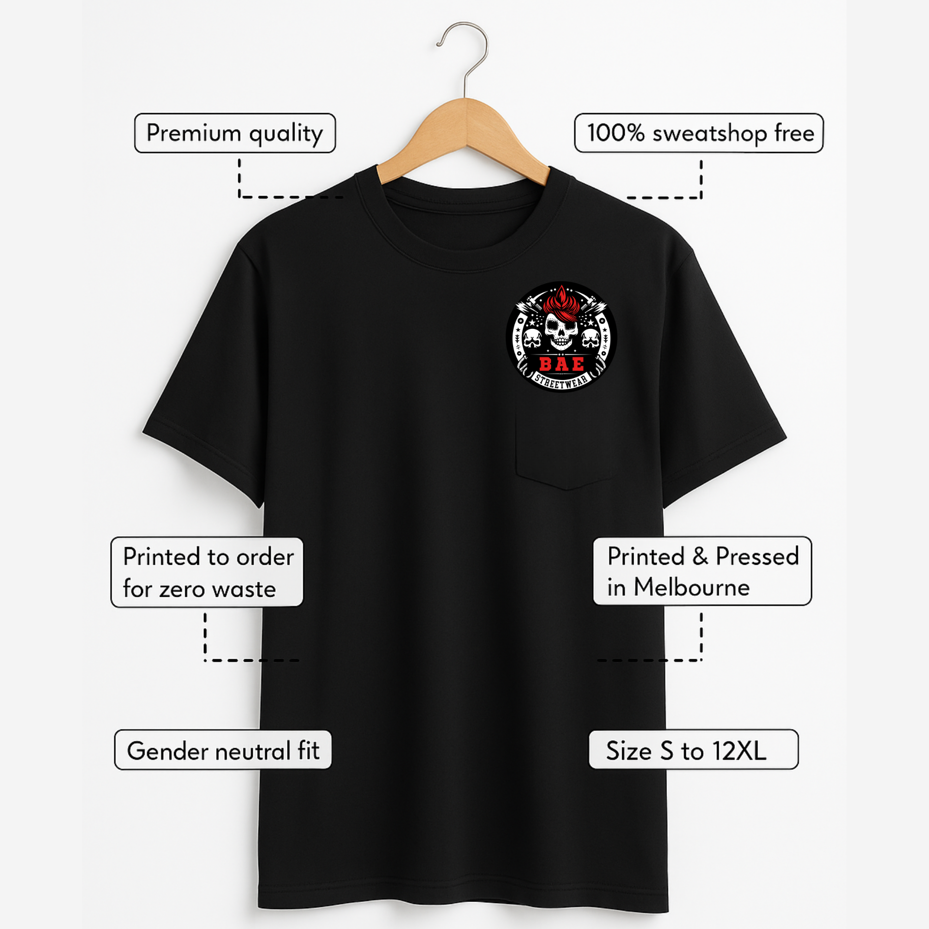 Black t-shirt with a logo on a hanger, featuring text about product details.