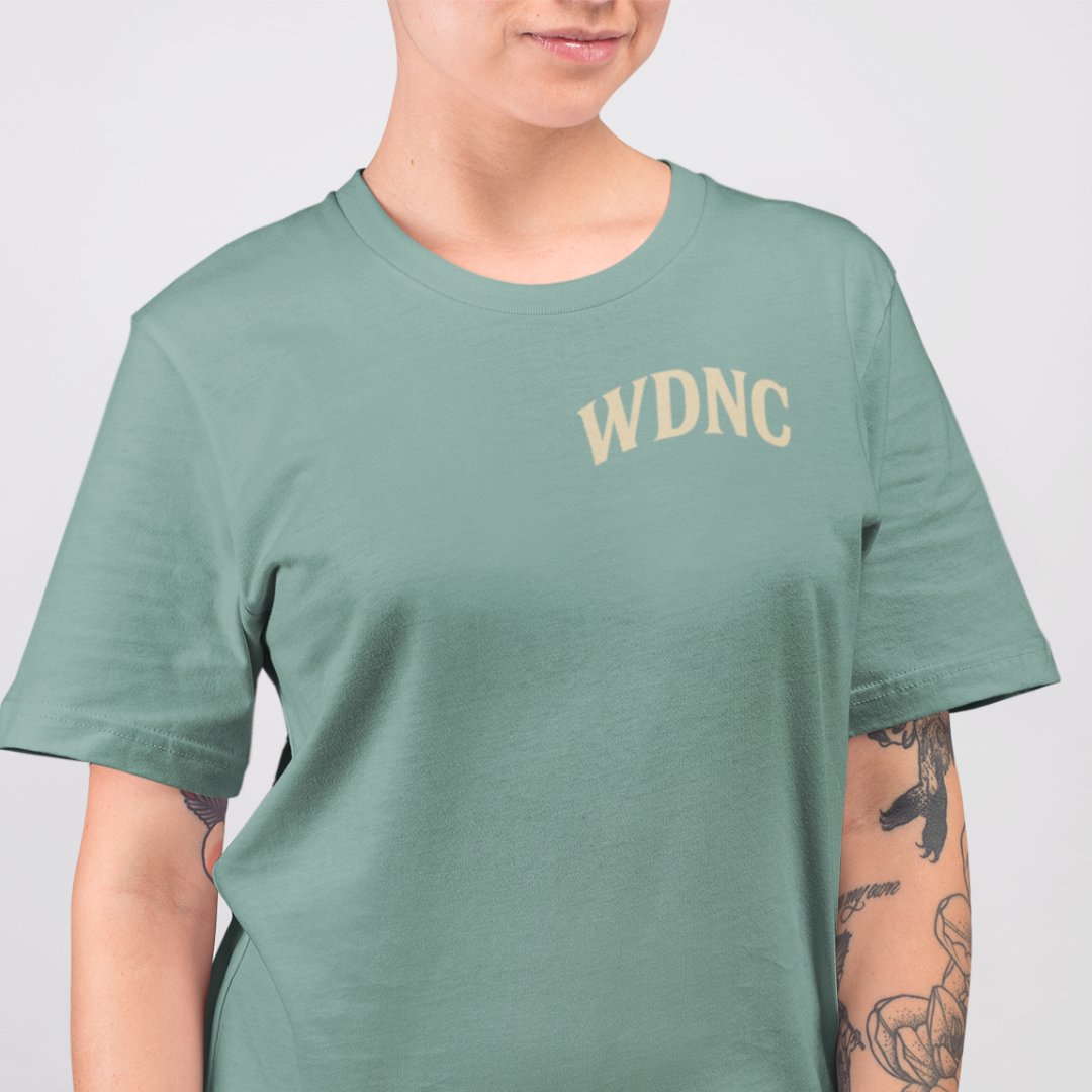 Graphic Slate Green oversized tee with skull head, rose clusters and crossed baseball bats under “We Do Not Care Club” arc – plus-size friendly