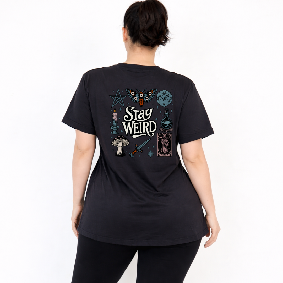 Back view of black Stay Weird oversized tee showing full witchy illustrated grid with moth, mushrooms, tarot card and candle DTF print, Bae Bands Australia