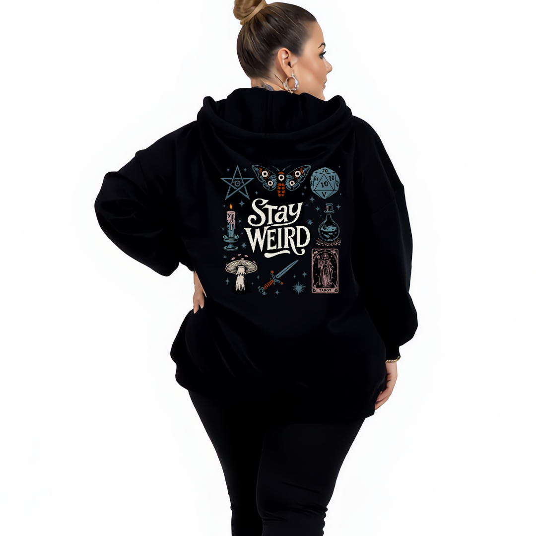 Back view of black Stay Weird hoodie showing full witchy illustrated grid with moth, mushrooms, tarot card and candle DTF print detail, relaxed plus size fit, Bae Bands Australia