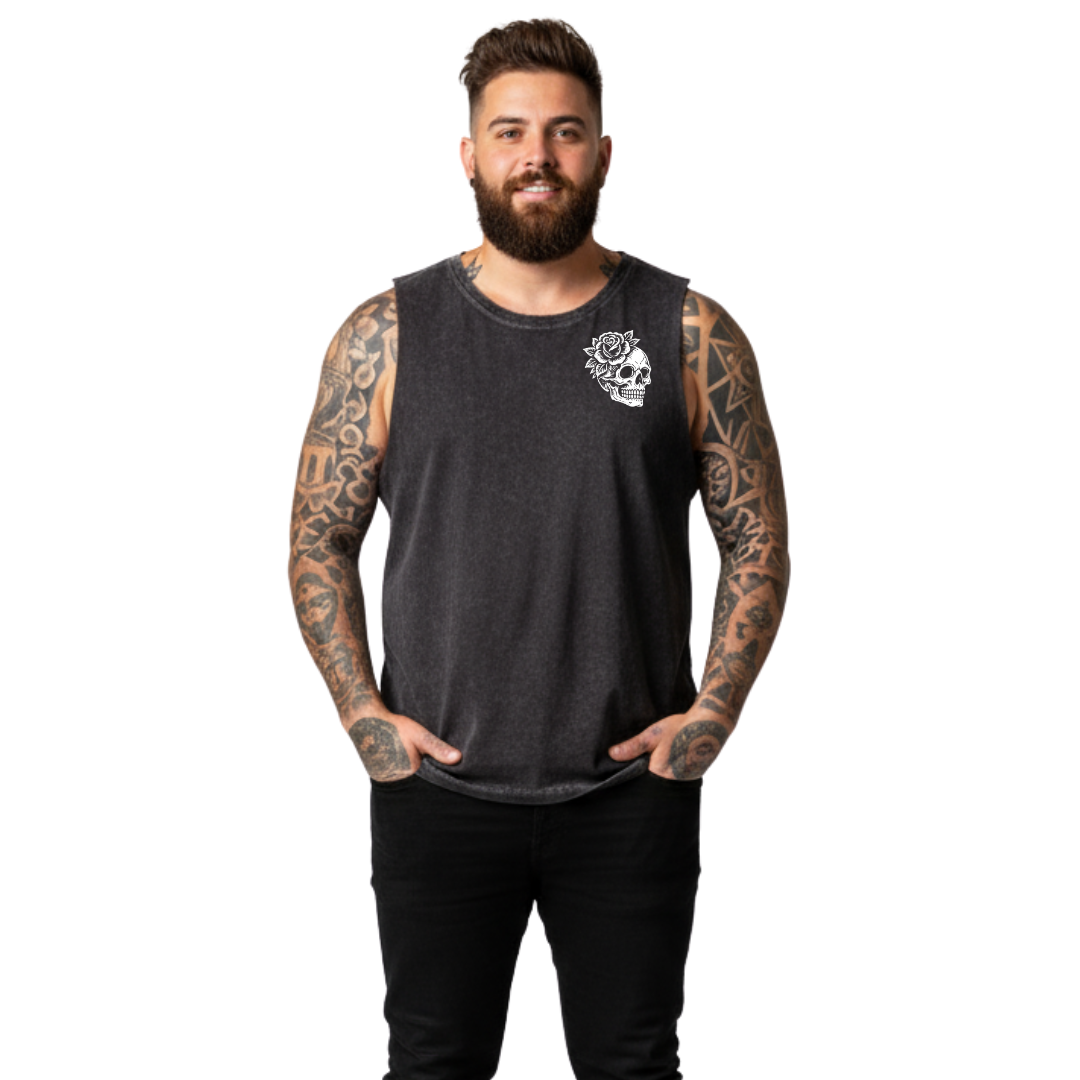 Front view of a man wearing black stonewashed My Tattoos Don't Like You Either tank top, relaxed fit, plus size Australian streetwear by Bae Bands