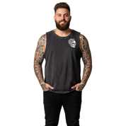 Front view of a man wearing black stonewashed My Tattoos Don't Like You Either tank top, relaxed fit, plus size Australian streetwear by Bae Bands