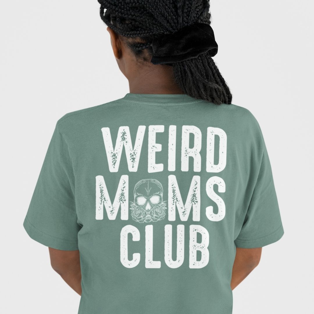 Weird Mums Club oversized graphic tee styled with jeans, fearless mum streetwear
