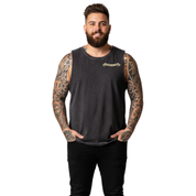 Front view of a man wearing black stonewashed Error 404 Patience Not Found tank top, relaxed fit, cyber skull graphic, plus size Australian streetwear by Bae Bands