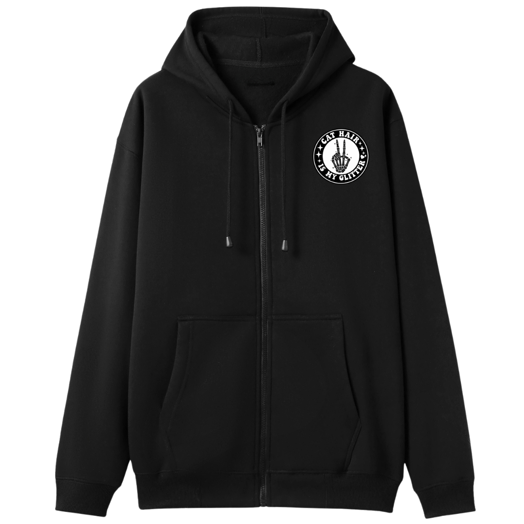 Black zip up hoodie front chest print reading Cat Hair Is My Glitter