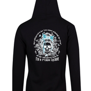 Black zip up hoodie with a bandana skull back print reading she whispered back I'm a f*cking cyclone