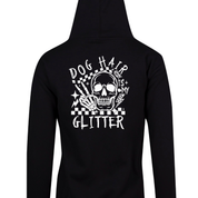 Black zip up hoodie back print of a skull with a skeleton hand reading Dog Hair Is My Glitter