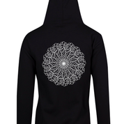 Black zip up hoodie back print of a swirling text mandala spelling f*ck it