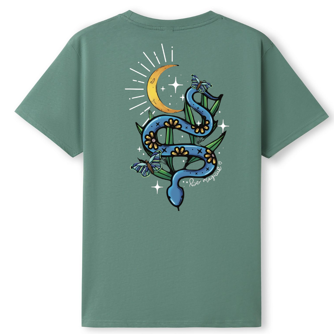 A slate green oversized tee shown from the back, with the Be Magic snake graphic printed large across the back, a blue floral snake with butterflies under a crescent moon.