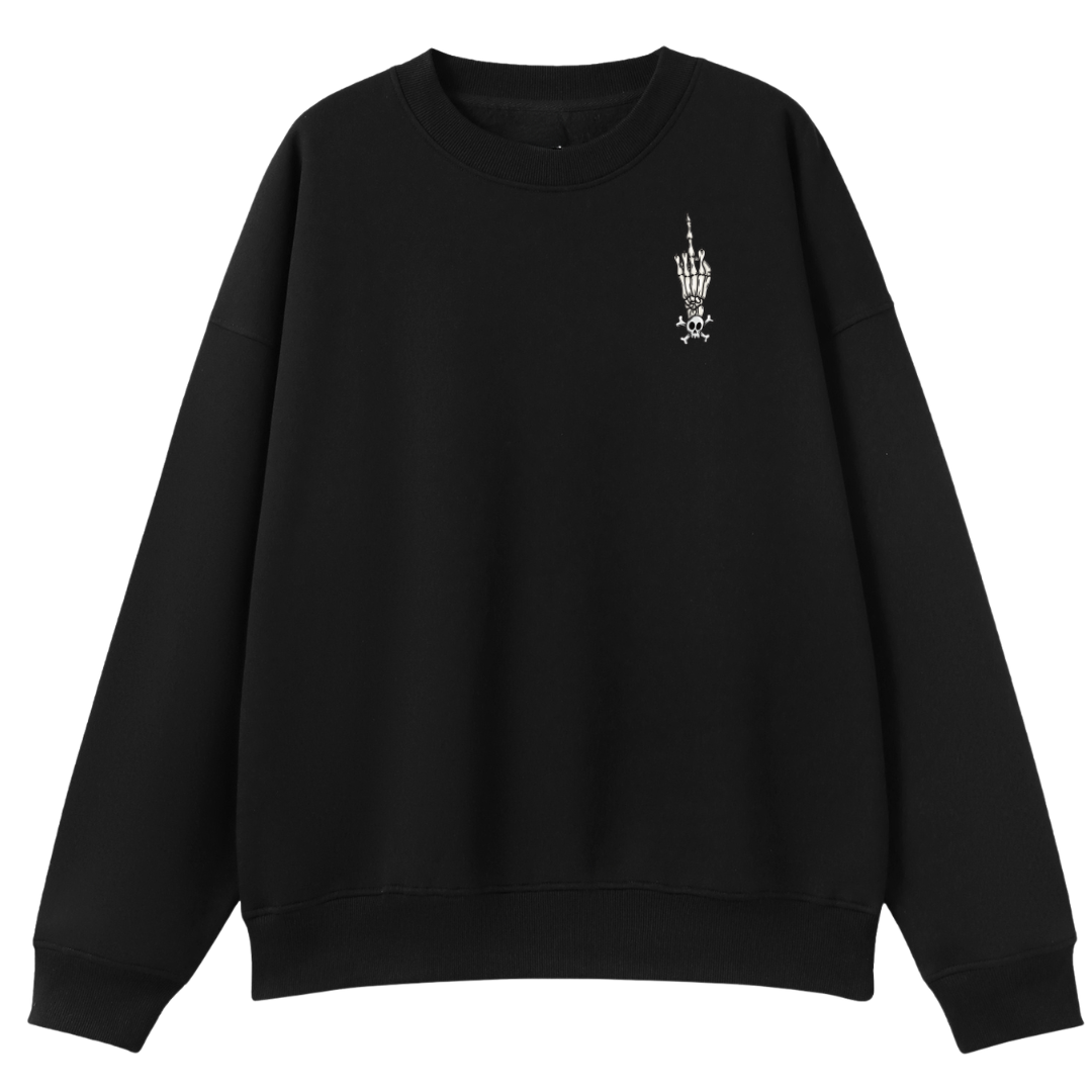A black oversized crew neck with a small Fuck Your Feelings graphic on the left chest.