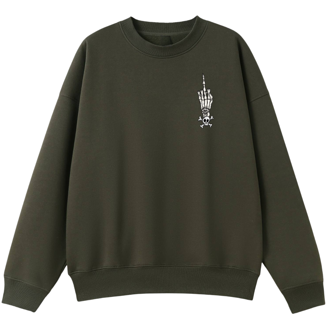 An army green oversized crew neck with a small Fuck Your Feelings graphic on the left chest.