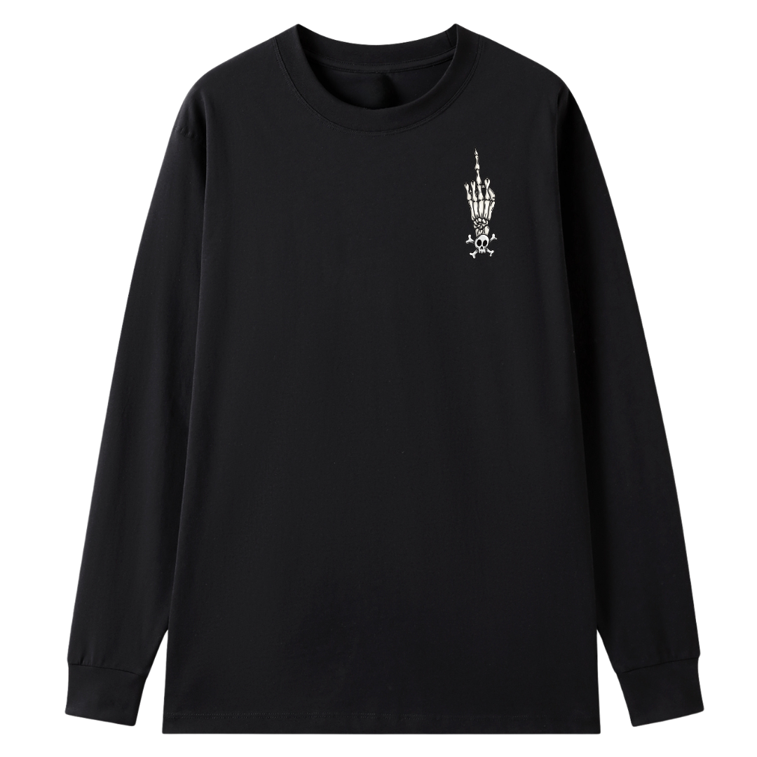 A black long sleeve tee with a small Fuck Your Feelings graphic on the left chest.