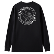 A black long sleeve tee shown from the back, with the Support Your Local Murder graphic printed large across the back, a crow inside a circular badge.