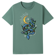 A slate green oversized tee with the Be Magic snake graphic printed large on the front, a blue floral snake with butterflies under a crescent moon.