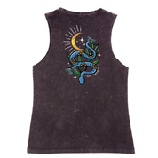 A black stone washed tank shown from the back, with the Be Magic snake graphic printed large across the back, a blue floral snake with butterflies under a crescent moon.