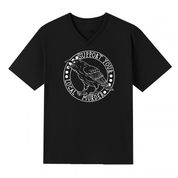 A black V neck oversized tee with the Support Your Local Murder graphic printed large on the front, a crow inside a circular badge.