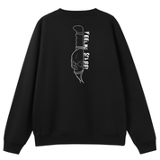 A black oversized crew neck shown from the back, with the Feeling Stabby graphic printed large across the back, a line drawn skull on a knife blade.