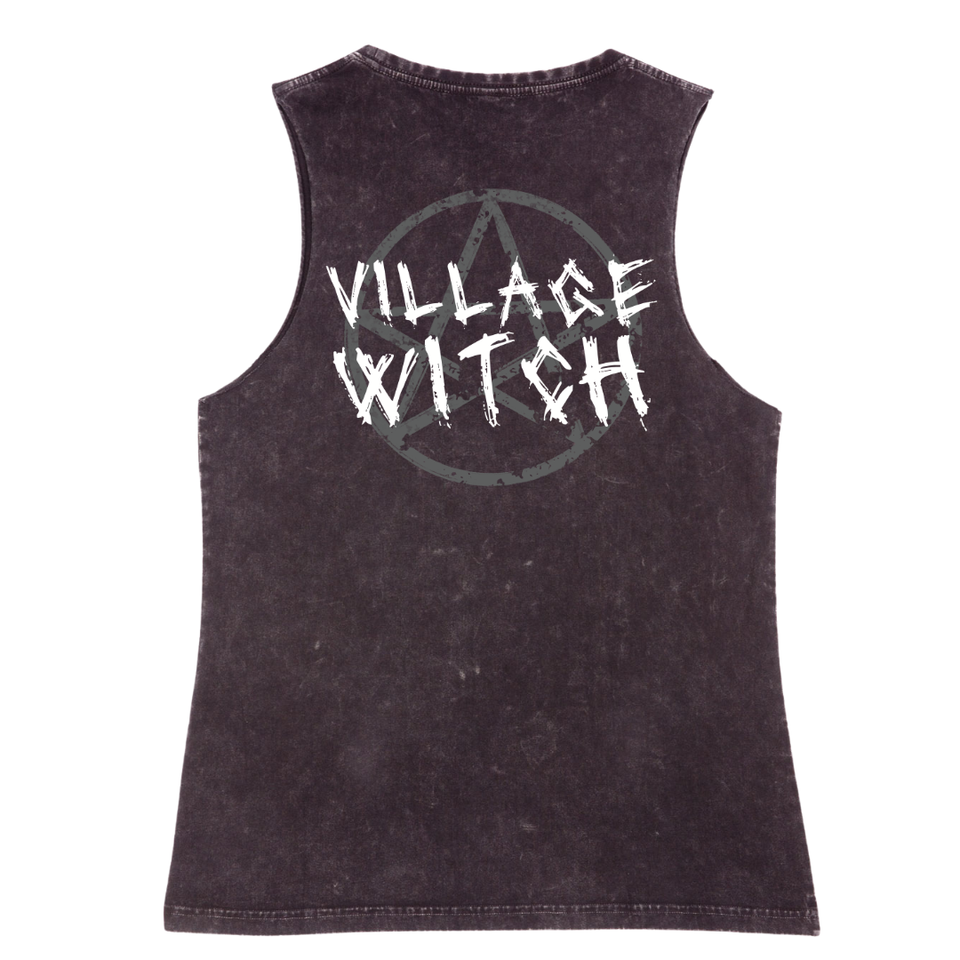 A black stone washed tank shown from the back, with the Village Witch graphic printed large across the back, scratchy lettering over a weathered pentagram.