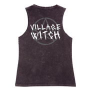 A black stone washed tank shown from the back, with the Village Witch graphic printed large across the back, scratchy lettering over a weathered pentagram.