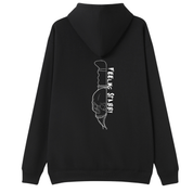 A black oversized zip up hoodie shown from the back, with the Feeling Stabby graphic printed large across the back, a line drawn skull on a knife blade.