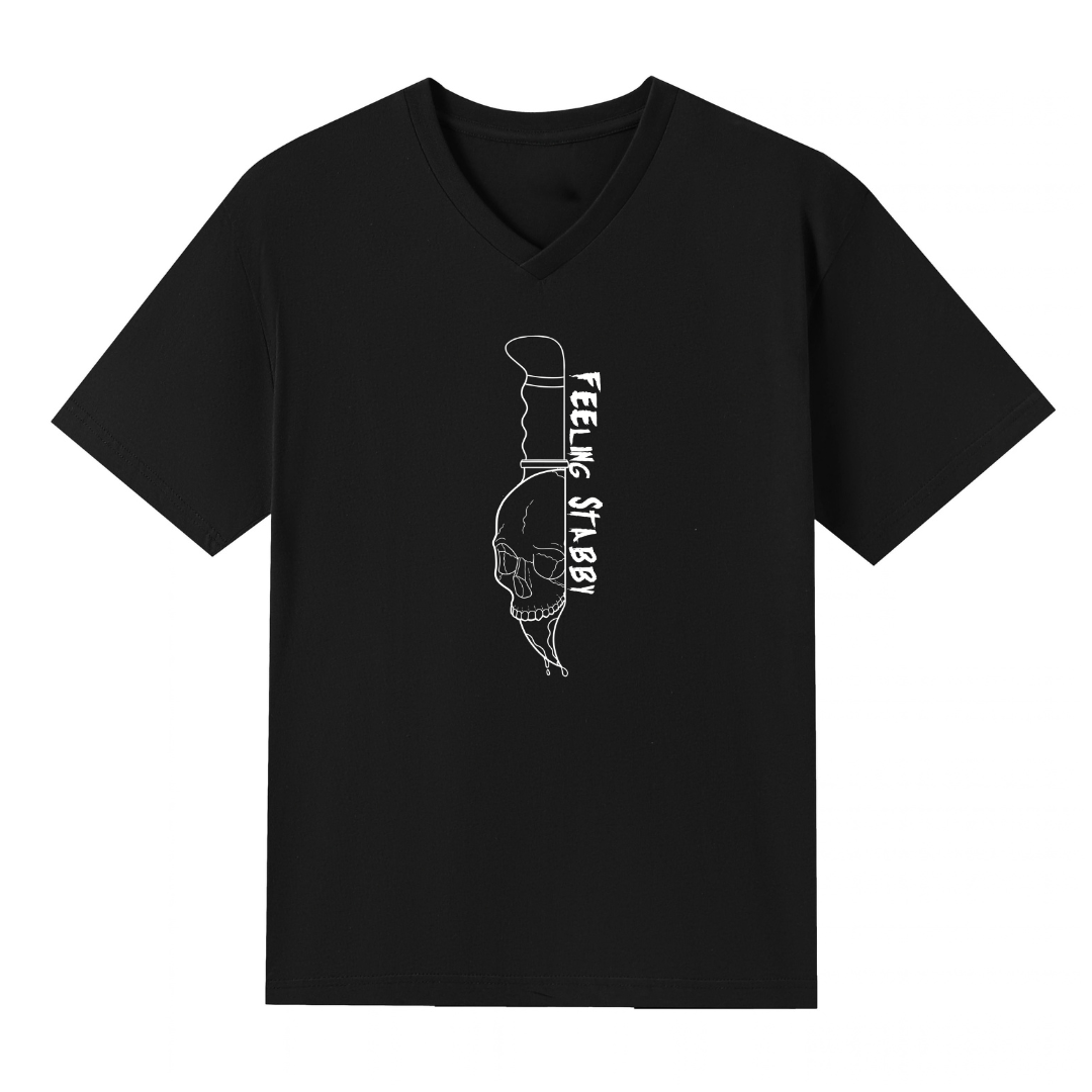 A black V neck oversized tee with the Feeling Stabby graphic printed large on the front, a line drawn skull on a knife blade.