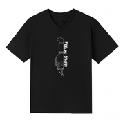 A black V neck oversized tee with the Feeling Stabby graphic printed large on the front, a line drawn skull on a knife blade.