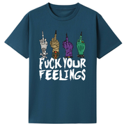 A teal oversized tee with the Fuck Your Feelings graphic printed large on the front, skeleton, mummy, werewolf and witch hands flipping the bird.