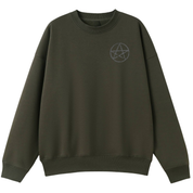 An army green oversized crew neck with a small Village Witch graphic on the left chest.