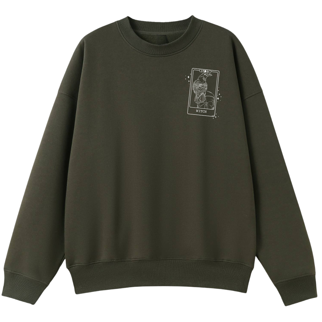 An army green oversized crew neck with a small We'll Come Back Again graphic on the left chest.