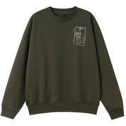 An army green oversized crew neck with a small We'll Come Back Again graphic on the left chest.